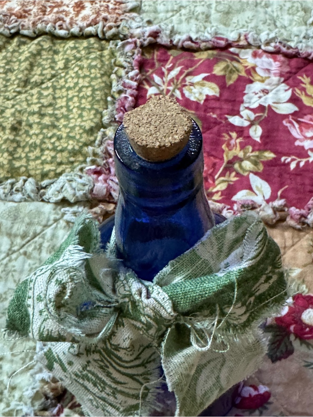 Vintage Cobalt Blue Glass Bottle with Green Fabric Bow - Picture 2 of 6